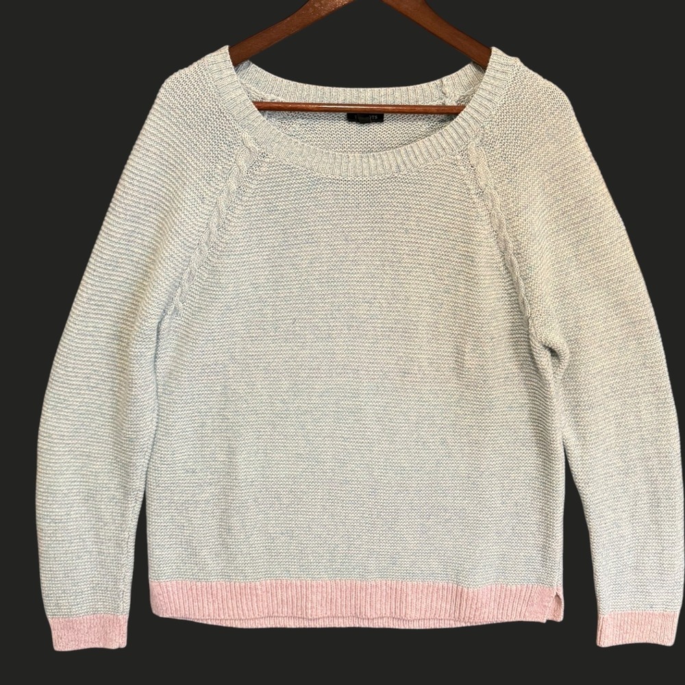 Talbots Womens Blue Pink‎ Cotton Linen Blend Marled Knit Sweater Large Raglan L